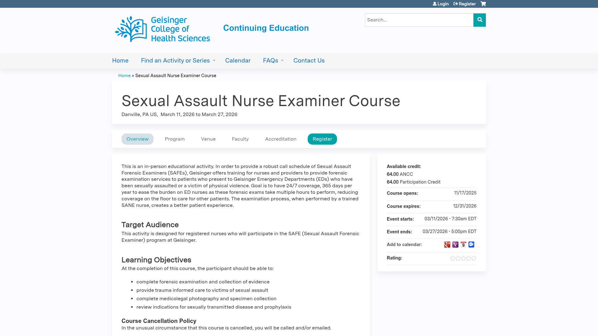Adult/Adolescent/Pediatric Forensic Nurse Examiner Course 2026