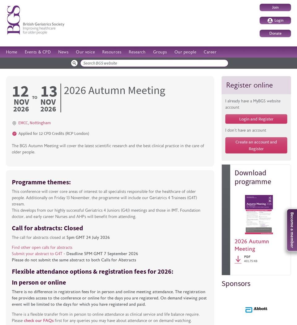 BGS Autumn Meeting 2026 — British Geriatrics Society